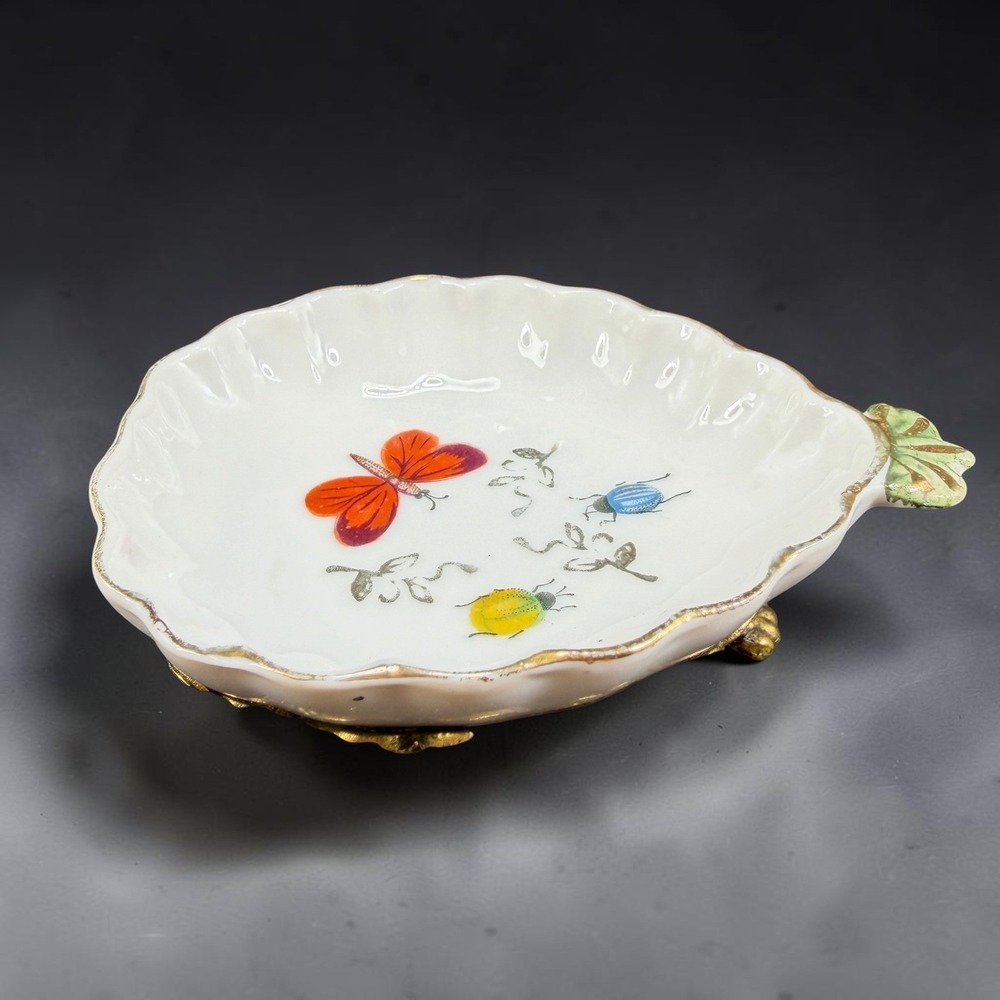 Vintage Porcelain Butterfly Beetle Trinket Dish Scalloped Brass Filigree Base